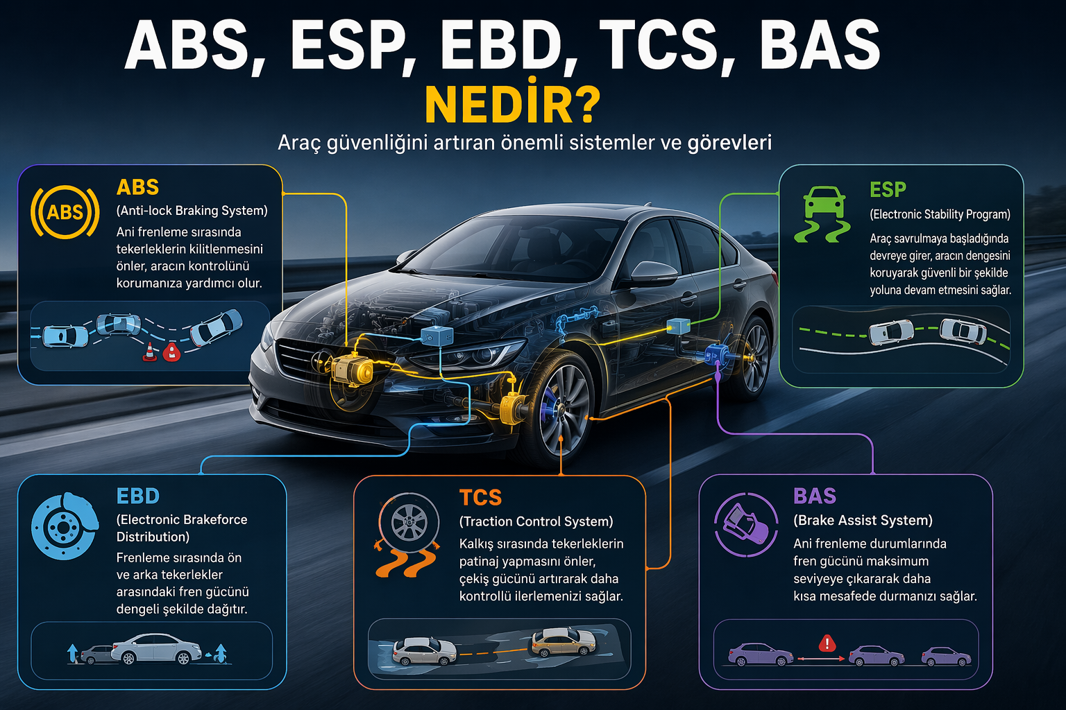 ABS, ESP, EBD, TCS, BAS Nedir? Araç Güvenlik Sistemleri Rehberi